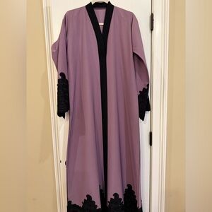 Elegant Lavender Open-Front Maxi Dress with Black Trim